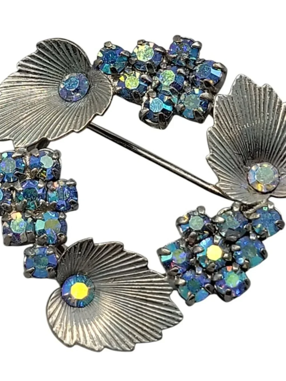 West Germany AB Rhinestone Leaf Brooch Textured Silver Tone Pin Vintage